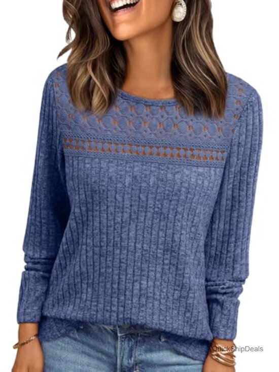 Tops - Lace Long Sleeve Tunic Top Lightweight Knit Sweater Business Casual